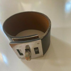 Hermes Kelly Dog Bracelet in Brown Leather Silver Tone